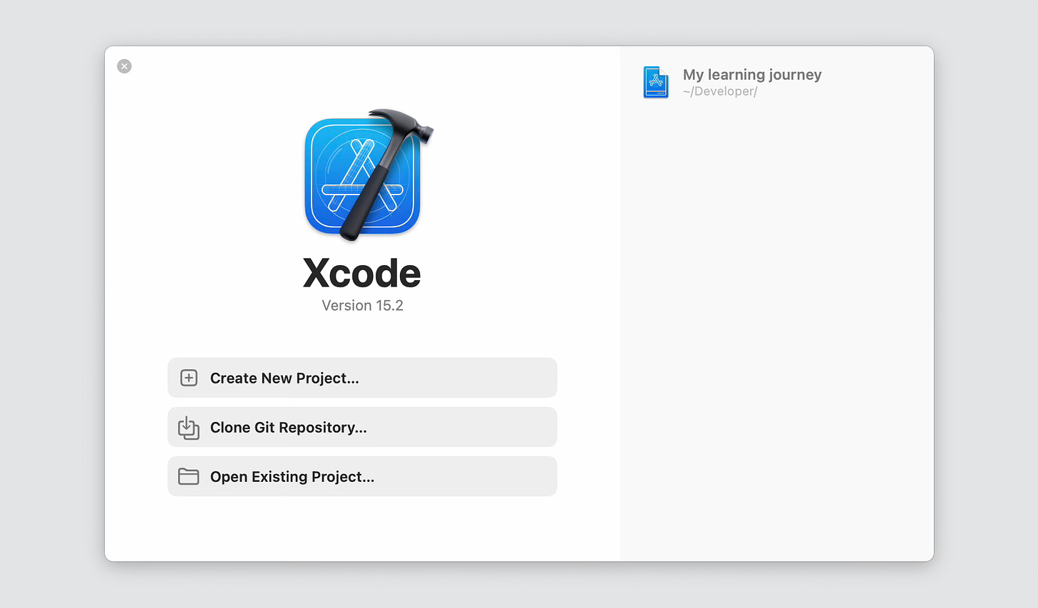 Printscreen of Xcode opening modal showing a "My learning journey" fictional project