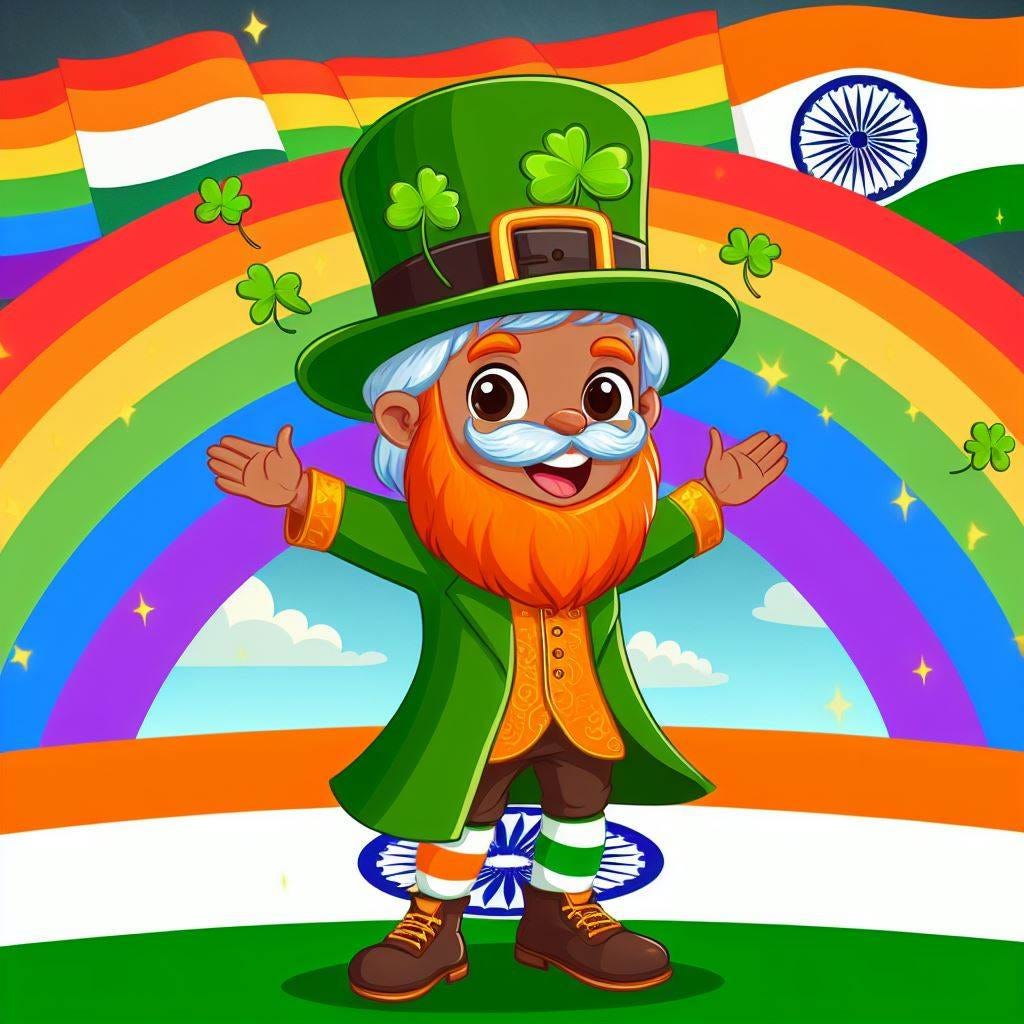 a diverse leprechaun dancing under a rainbow in india