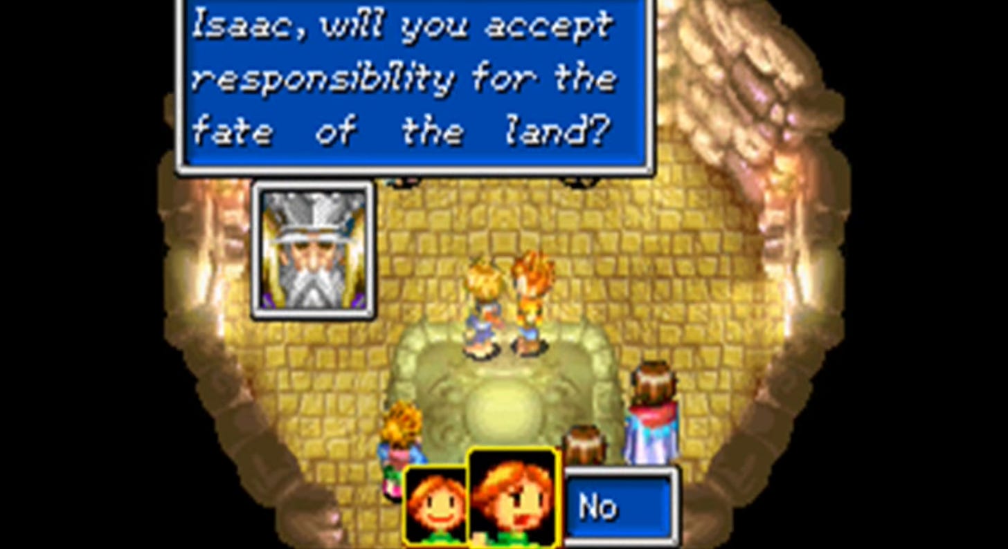 A video game screenshot shows an old man asking a character named Isaac if they will accept responsibility for the fate of the land. A response option at the bottom of the screen has been toggled to say "No"