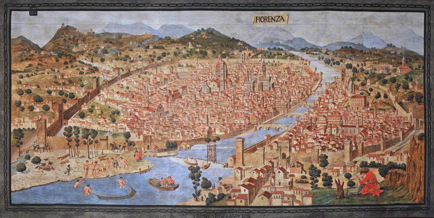 Veduta della catena (chain map) of Florence, c. 1471–72, attributed to Francesco and Raffaello Petrini, etching, 1.25 x 1.38 m (Palazzo Vecchio, Florence)