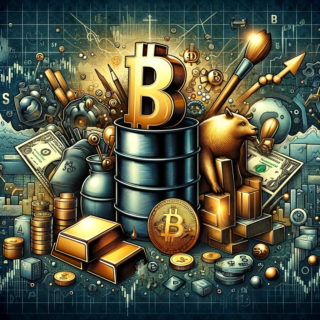 An intricate financial-themed illustration for a blog post about diversifying investment portfolios in the context of Volatility Risk Premium (VRP) collections. The image should vividly represent various investment elements: gold bars, an oil barrel, a stylized representation of Bitcoin, and bond certificates. These elements should be surrounded by assorted financial and mathematical symbols, along with trading icons. The background should subtly include graphs and numeric data, emphasizing the theme of strategic investment in a complex market.