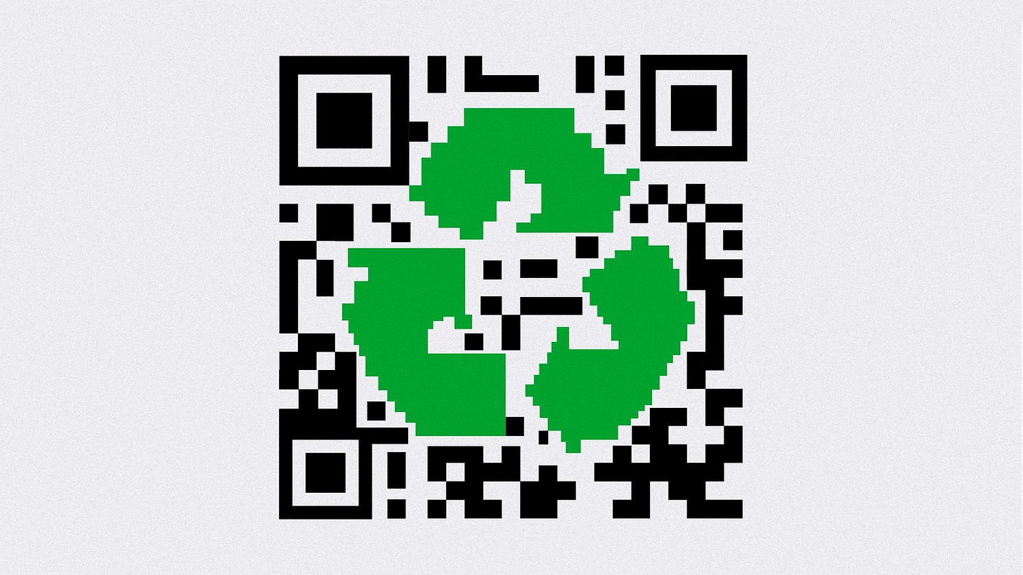 Illustration of a QR code with a pixelated recycling symbol in its center