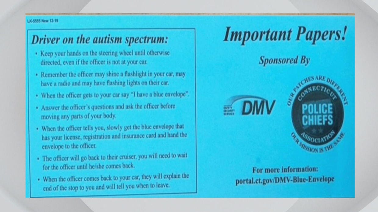 A blue card that contains information about an autistic driver. This one is from CT.