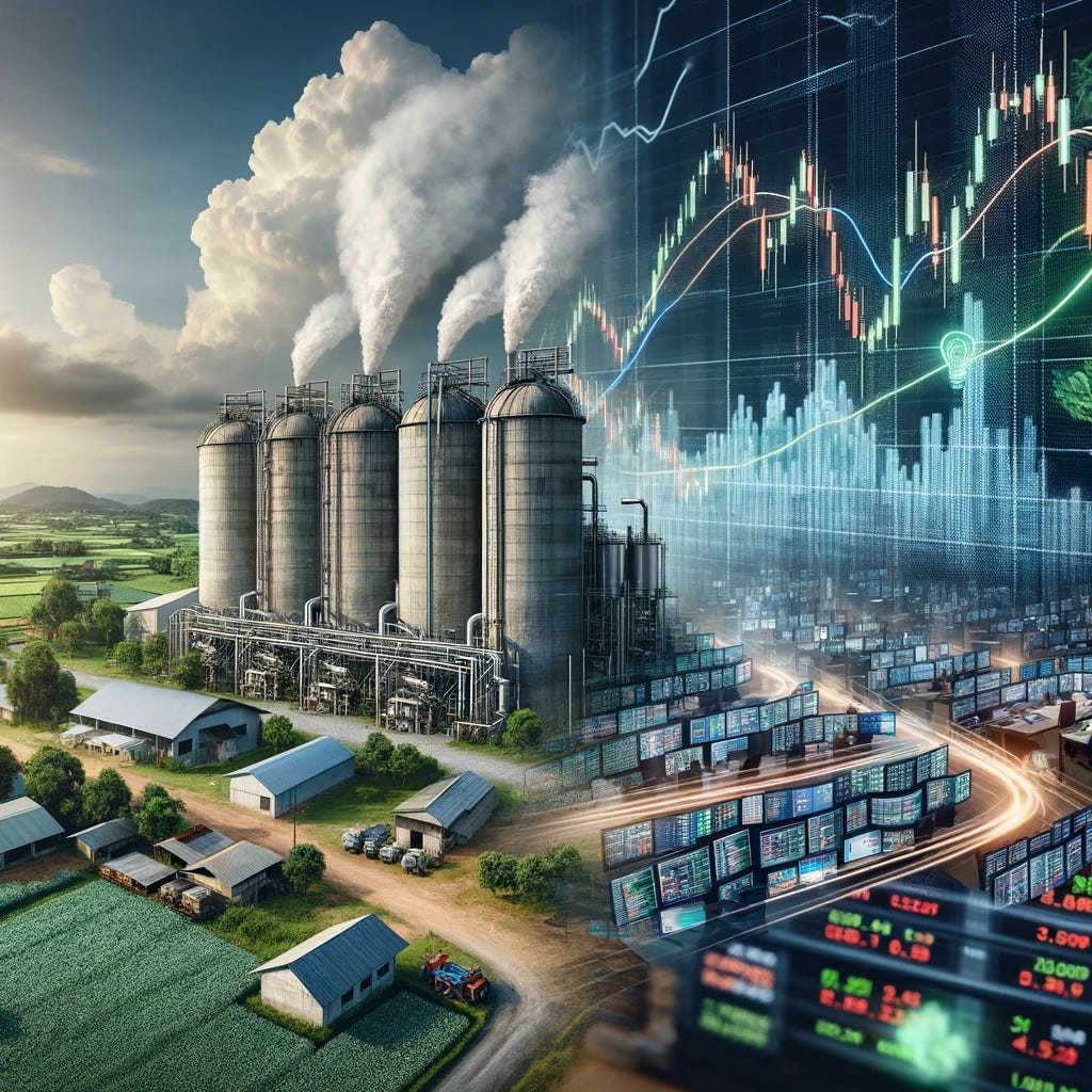 A realistic photograph depicting two distinct yet interconnected scenes: On the left, a modern biofuel production facility with large silos and pipelines, emitting steam and situated in a rural setting. On the right, a bustling stock market trading floor with traders monitoring multiple screens showing fluctuating prices of LCFS credits and renewable diesel, indicating market dynamics. The two scenes are blended in the middle, symbolizing the connection between industrial production and financial markets, with a clear sky above and a hint of greenery in the background to signify sustainability.
