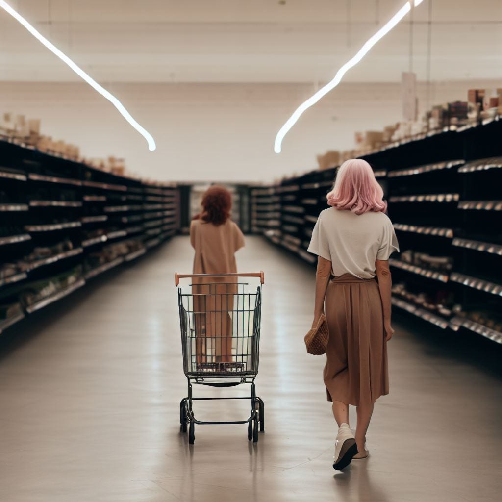 a photo of a woman with light pink hair and another woman with brown hair pushing shopping carts and walking away from the camera, in an empty grocery store. make all the shelves empty.