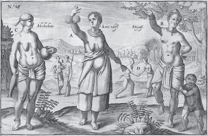 Depiction of three Guinean women - two with pendulous breasts and a third with small breasts and large nipples