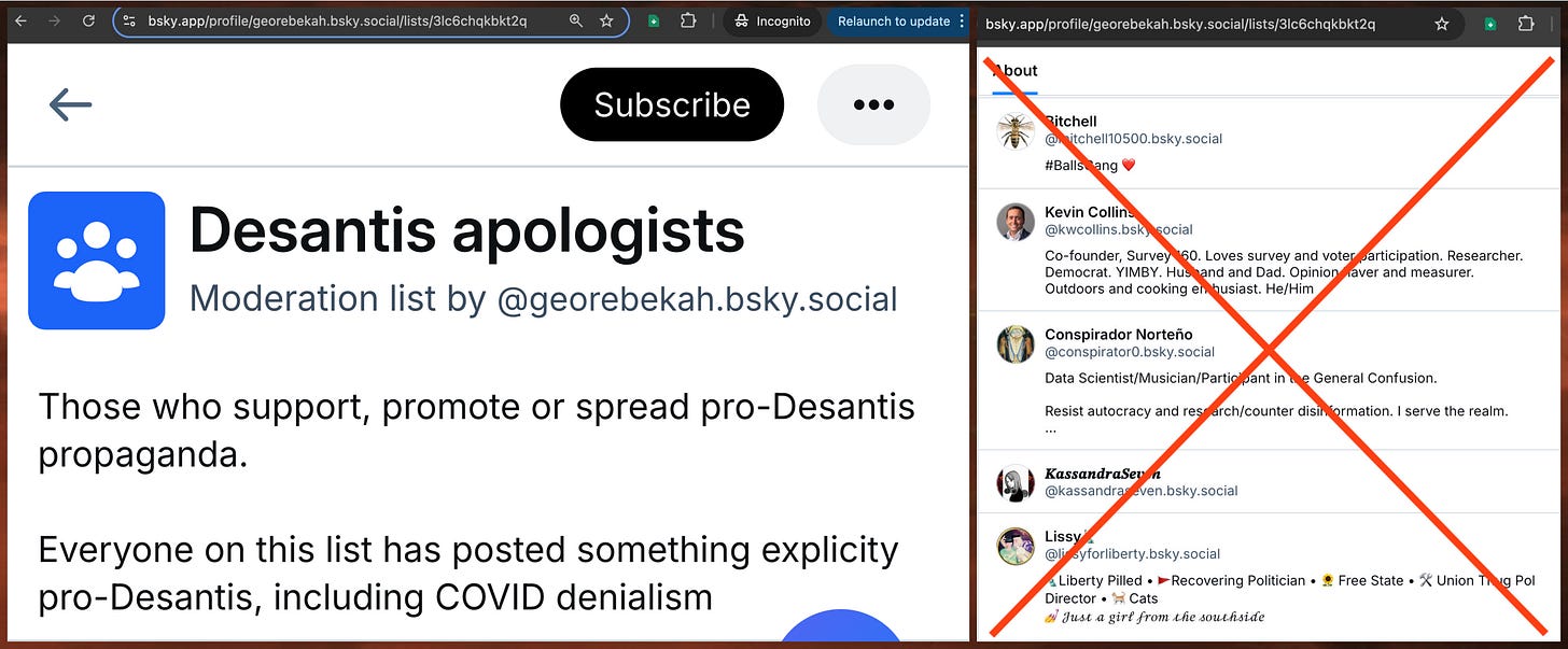 screenshots of the "DeSantis apologists" Bluesky moderation list created by Rebekah Jones