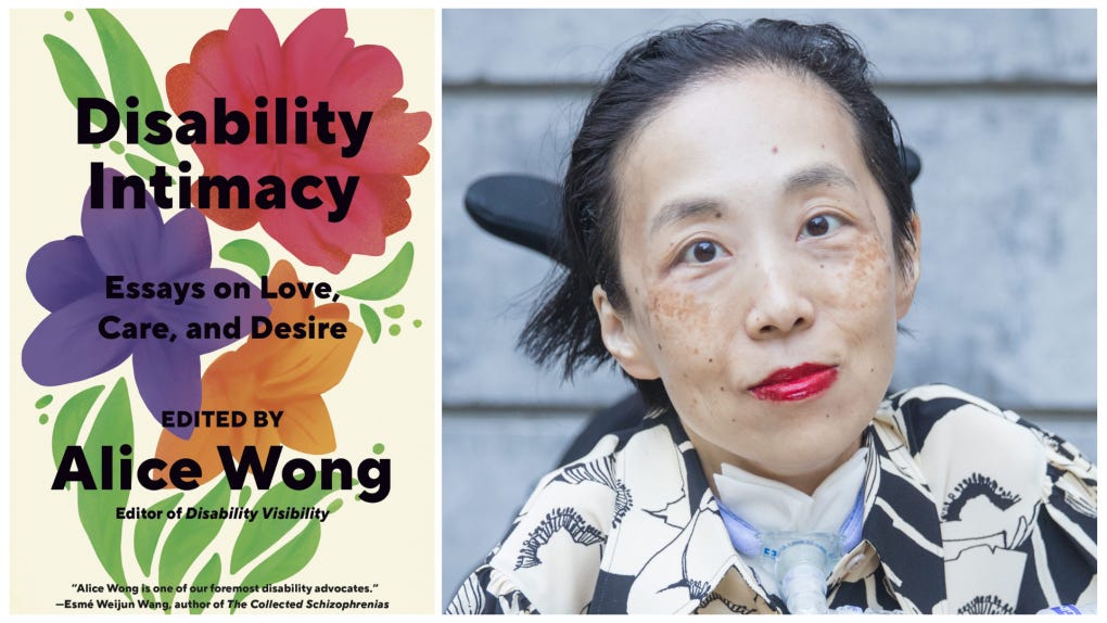 The cover of a book features 3 colorful flowers and black text with the cover information. Next to it is a photo of an Asian American woman in a wheelchair with a tracheotomy at her neck wearing a bold red lip and a floral button-down shirt.