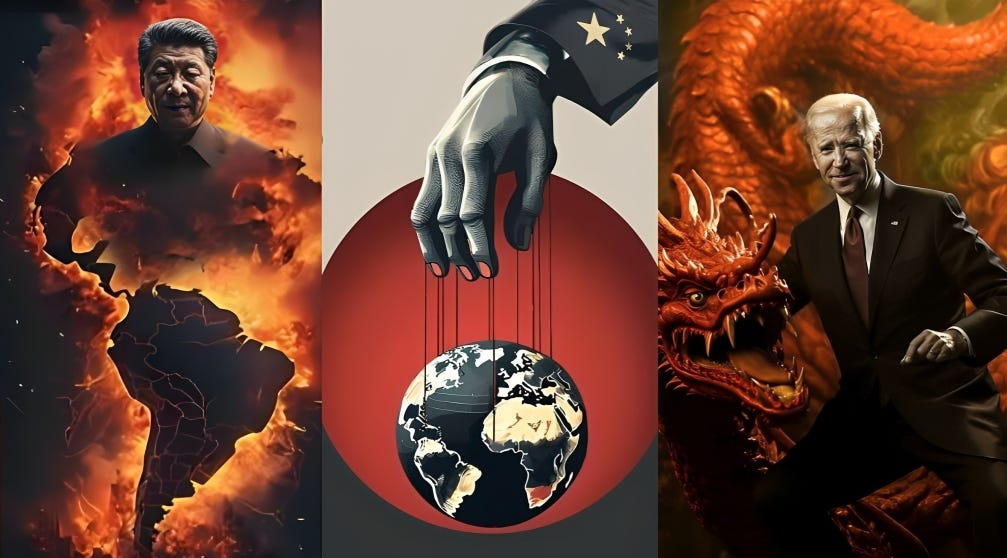 Illustrative image of Xi Jinping puppeteering the globe with strings, with South America burning and 'Beijing Biden' next to a Chinese dragon, symbolizing global influence and conflict.