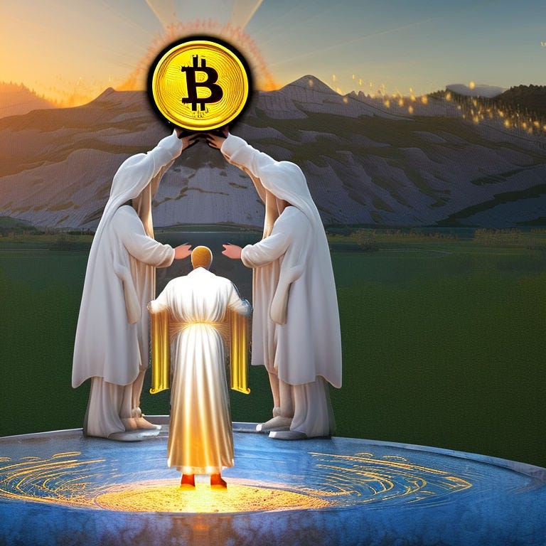 Prompt: Bitcoin messiah angel in flowing white robe, presenting giant gold glowing bitcoin to his congregation who are on their knees praying, dramatic sunset in the background

Rutkoski, detailed, hyper realistic, cinematic