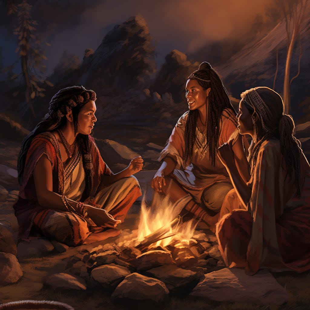 tres mujeres sentadas alrededor de una hoguera conversando.