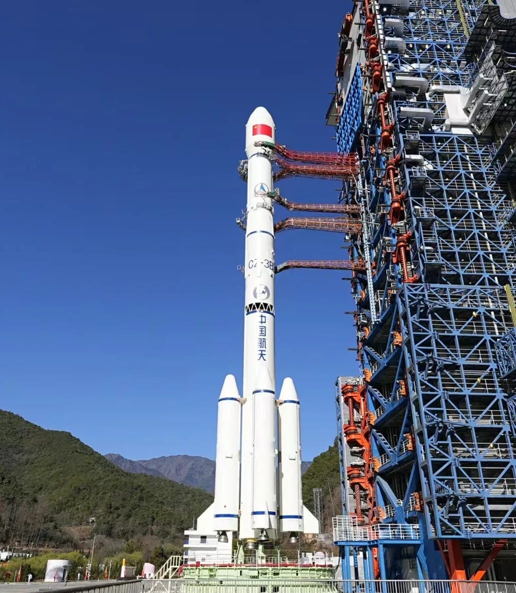 The Long March 3B/E vehicle at Launch Complex 3 prior to launch.