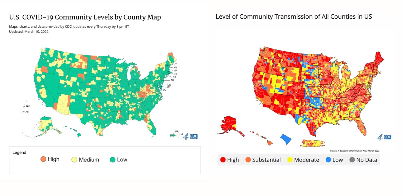 Two US COVID maps released by the CDC. The pastel green map on the left (dated March 10, 2022) marked a shift in metrics for monitoring COVID, with most counties in either the low or medium category. The red map on the right shows COVID transmission levels (March 3-9, 2022), with the majority of counties at either substantial or high transmission.