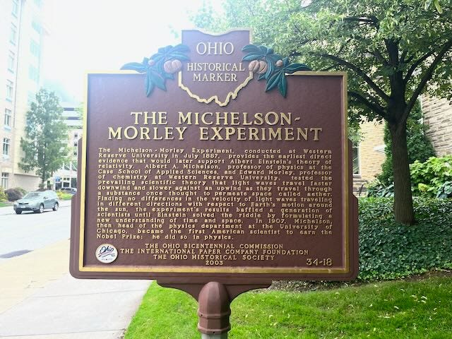 Historical marker for the Michelson-Morley experiment, on Case Western Reserve campus