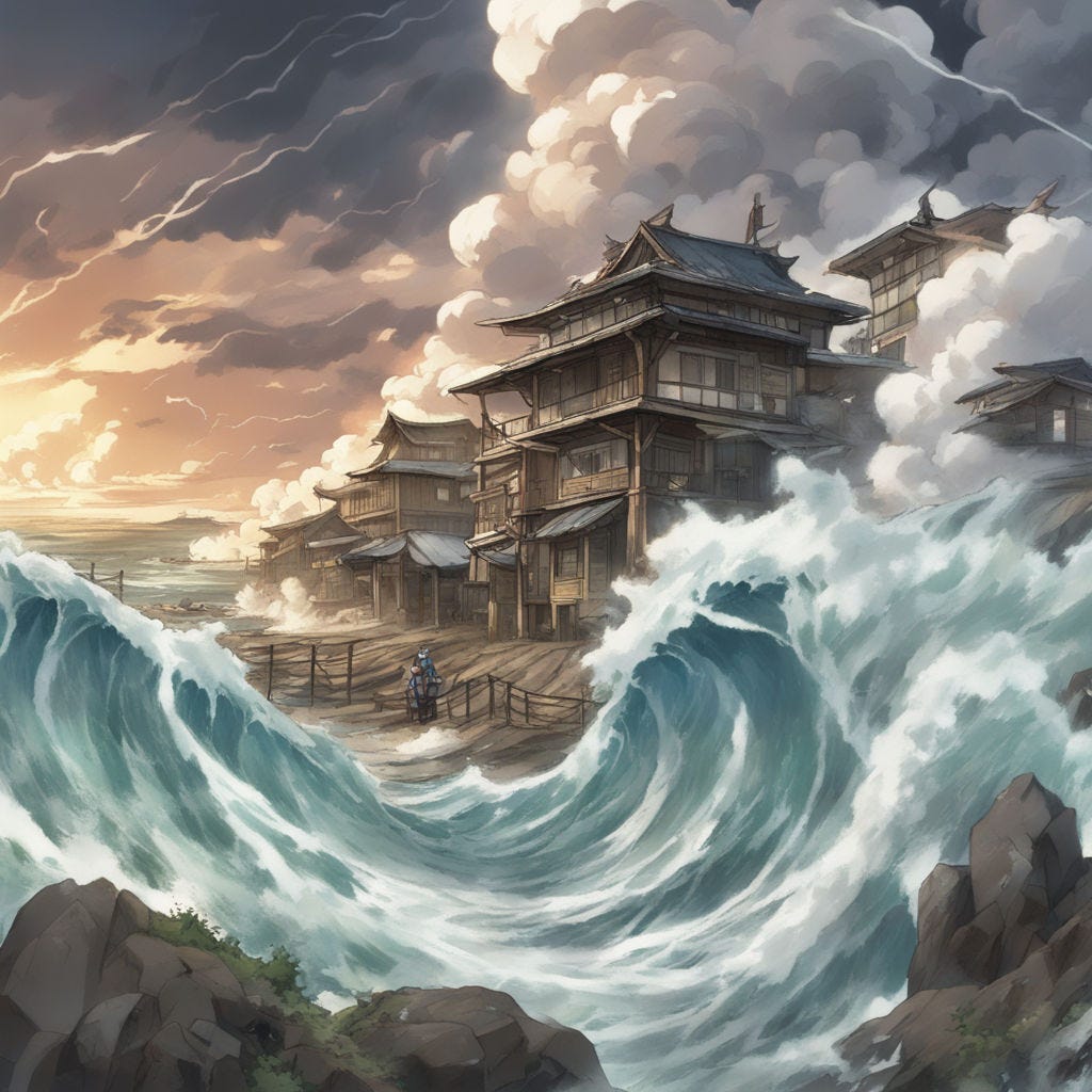 Prompt: tcg art style, anime, tsunami crashing into a village, storm