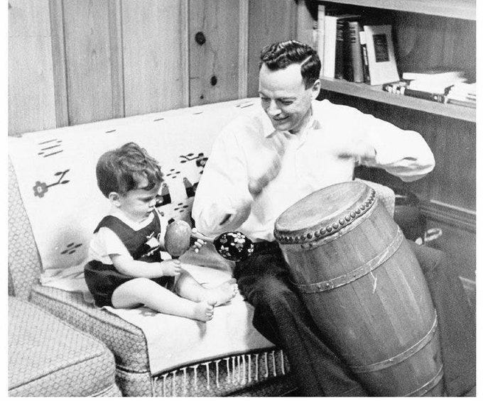 Paul Halpern on X: "Physicist Richard Feynman passing his sacred bongo-drum  knowledge along to his son Carl (in the mid-1960s). Carl Feynman grew up to  be a Computer Scientist. Not sure if