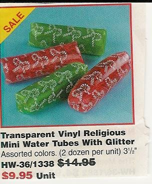 An advertisement for "transparent religious mini water tubes with glitter", which are just weird little hand held toys in red and green covered with a candy cane design