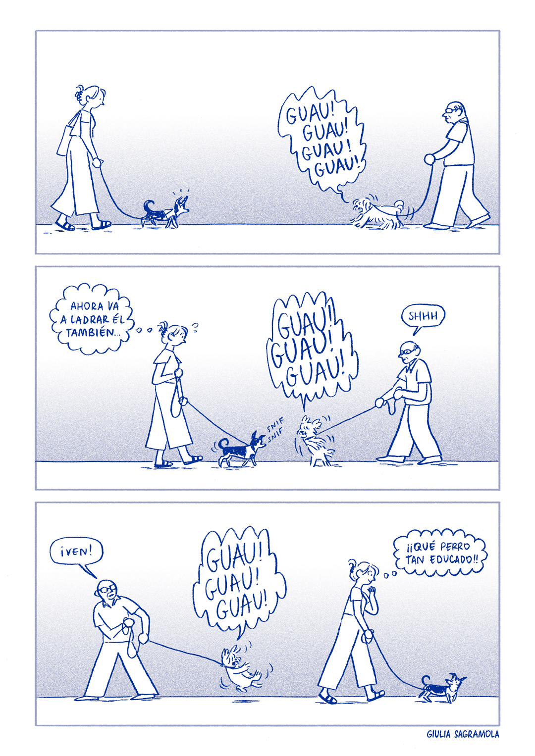 una striscia a fumetti in cui Pippin incontra un altro cane e non gli abbaia
