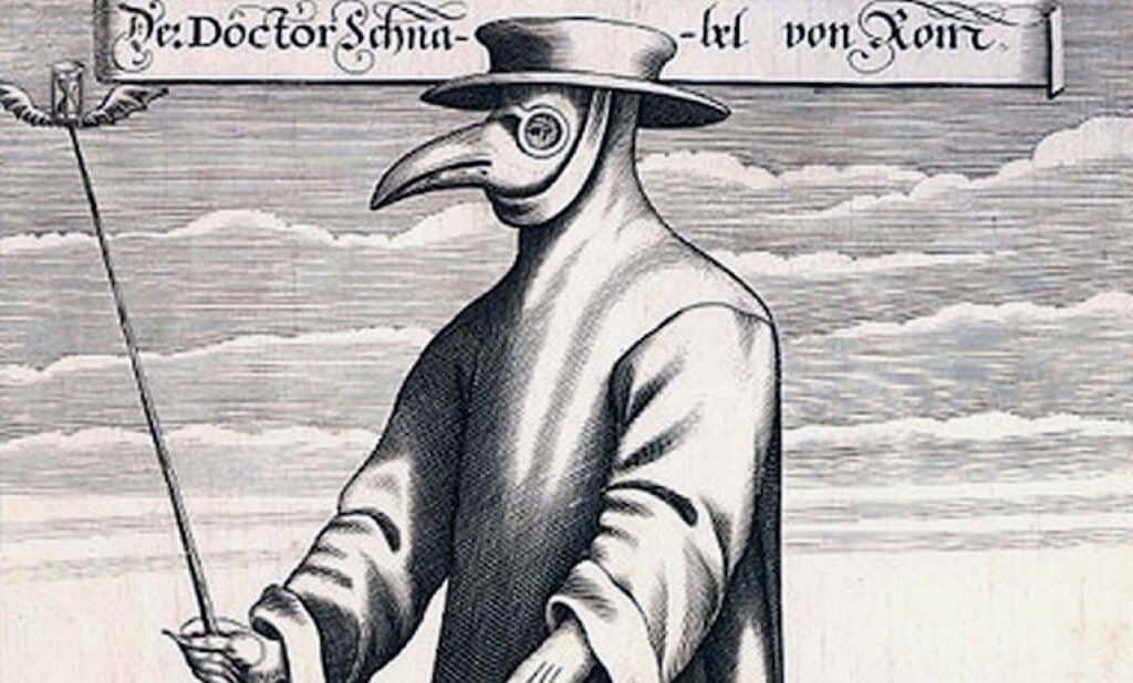 A 1656 engraving highlighting the Plague Doctors outfit.