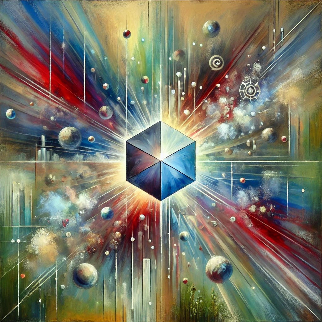 An abstract painting inspired by the theme of misunderstood influence of social media on radicalization and fake news, based on the book 'Breaking the Social Media Prism'. The image features a fragmented, multicolored digital prism at the center, dispersing both dark and light beams outward—symbolizing exaggerated fears of radicalization. Soft gradients and smooth, swirling brushstrokes reflect nuanced truths behind user behavior, while scattered, jagged shapes in red and gray represent sensational headlines and misinformation. Around the edges, small, faint echo bubbles fade into the background, showing that echo chambers are less prevalent than believed. The painting should feel thoughtful and layered, with a mix of calm blues, analytical greens, and cautious yellows, expressing complexity and subtlety rather than alarm.