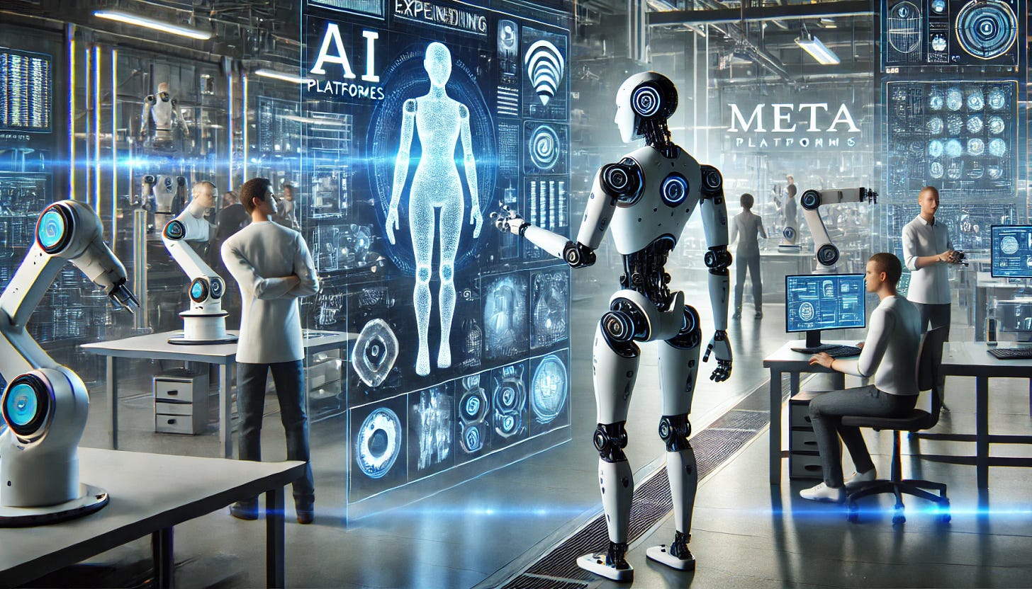 A 16:9 futuristic illustration showcasing Meta Platforms expanding into humanoid robotics alongside its AI advancements. The scene features a sleek, Meta-branded humanoid robot standing in a high-tech lab, surrounded by engineers and holographic displays showcasing AI training data. The robot interacts with digital interfaces, symbolizing Meta’s focus on AI-driven automation. In the background, an advanced robotics assembly line is producing more humanoid models, while Meta’s logo glows subtly, reinforcing its dominance in AI and robotics innovation. The atmosphere conveys technological ambition, precision, and the future of AI-powered robotics.