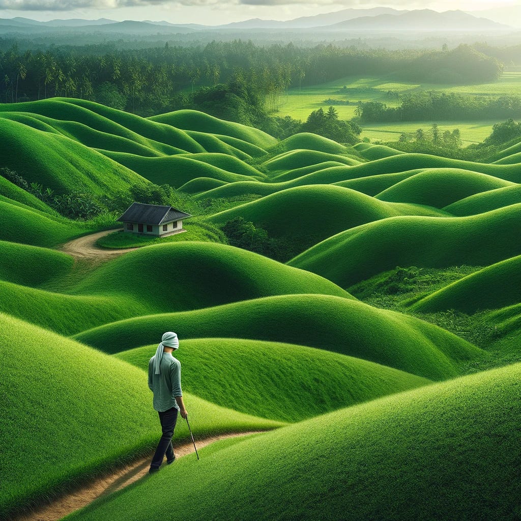 A blindfolded person carefully walking down a lush, green hill with distinct bumps and curves, capturing a sense of gentle motion. The hill is rolling and vibrant with greenery. At the bottom of the hill, on flat land, there is a quaint house nestled in a serene valley. The scene is peaceful, with the focus on the blindfolded person navigating the hill's terrain.