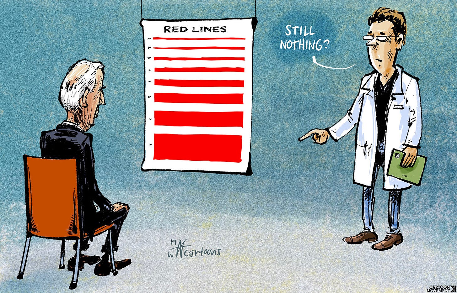 Cartoon showing president Biden at the eye doctor. He is watching a chart with red lines, going from thin to very thick. The eye doctor is posting at the thickest red line, asking: 'still nothing?'