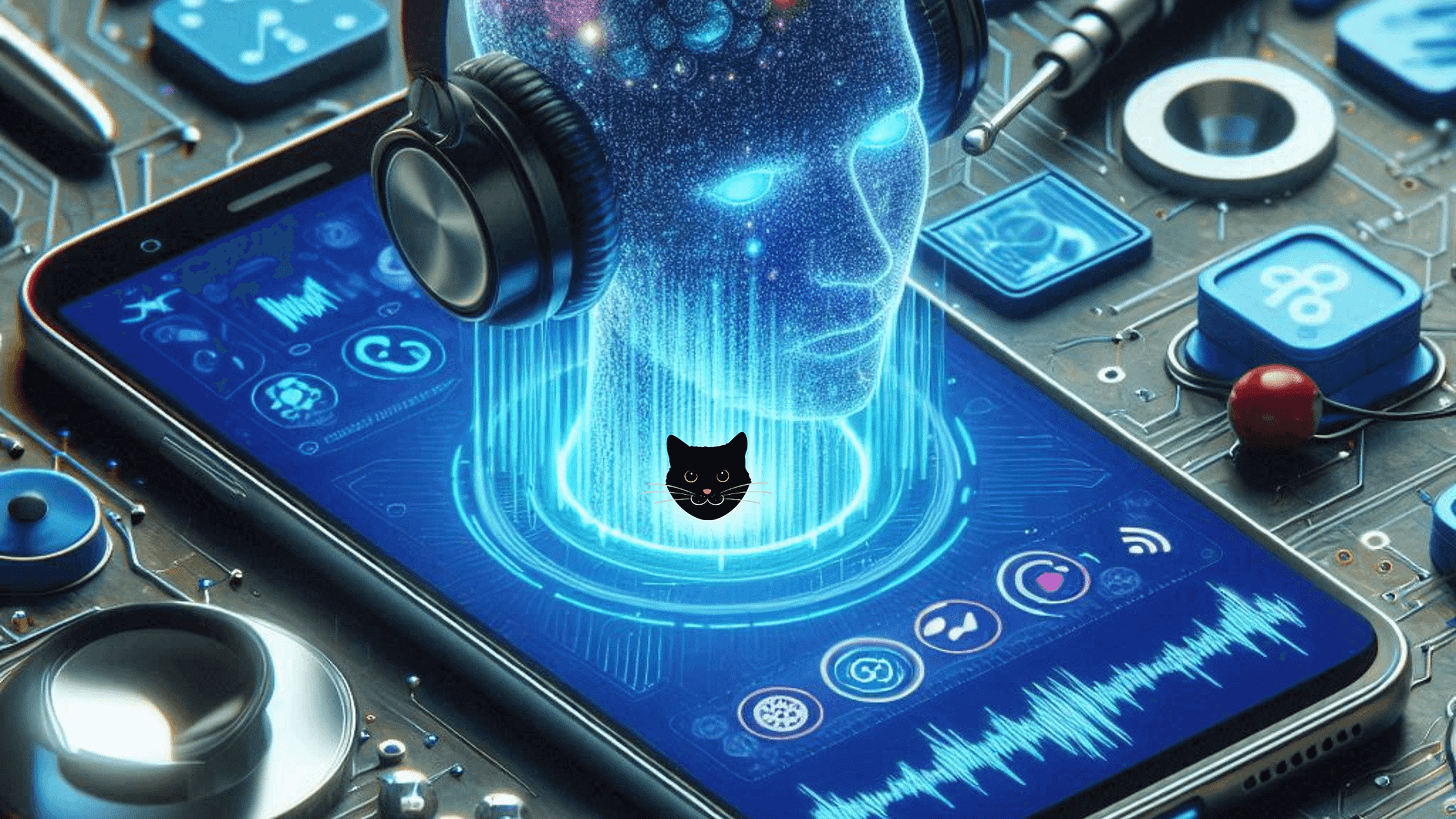 Image of humanoid head on top of smartphone and a cat face