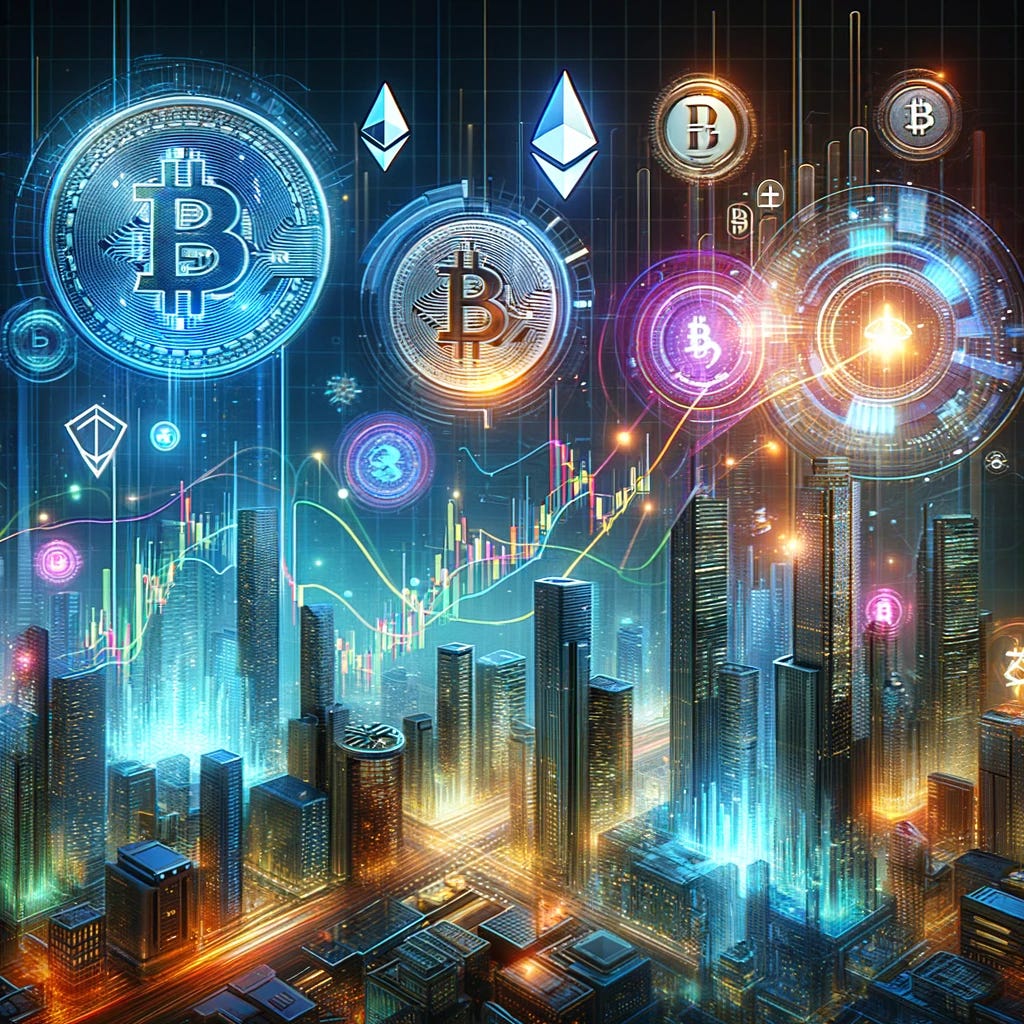 A visually engaging cover image for a blog post about digital assets and cryptocurrency trends in 2024. The image should feature a dynamic, futuristic cityscape with digital elements and cryptocurrency symbols like Bitcoin, Ethereum, and other altcoins. Include a digital graph showing market trends, with a focus on a bull market. Incorporate elements that suggest innovation and technology, like holographic displays and neon lights. The overall feel should be modern, dynamic, and reflective of the crypto market's growth and potential. Ensure the image is suitable for a broad audience interested in digital assets and cryptocurrency trends.