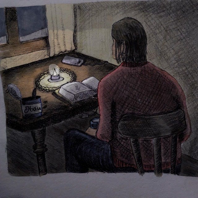 Digitally colourised pencil drawing of a man at a desk. The room is only lit up by a candle on the desk