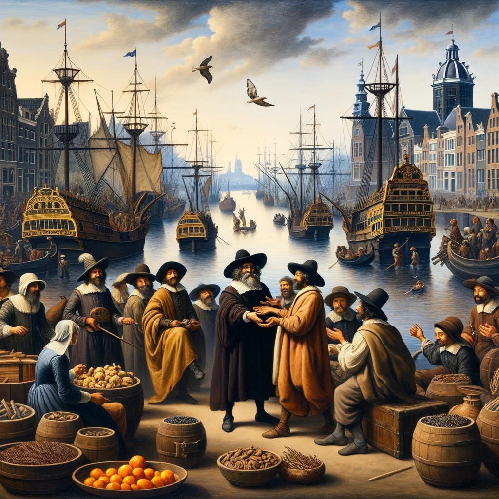 Oil painting in the style of the 16th-17th century, capturing the intricate relationship between the Dutch and Portuguese. The scene unfolds at the Amsterdam port where Dutch merchants and Portuguese sailors interact, exchanging spices and goods. The serene river backdrop is dotted with ships, both large and small. In the center, a figure symbolizing Spinoza's father, a Portuguese Jewish migrant, stands out as he reconnects with his trade roots. Around him, other Jewish migrants are shown engaging in trade, weaving their expertise into the city's thriving commerce, with the iconic Amsterdam architecture in the background.