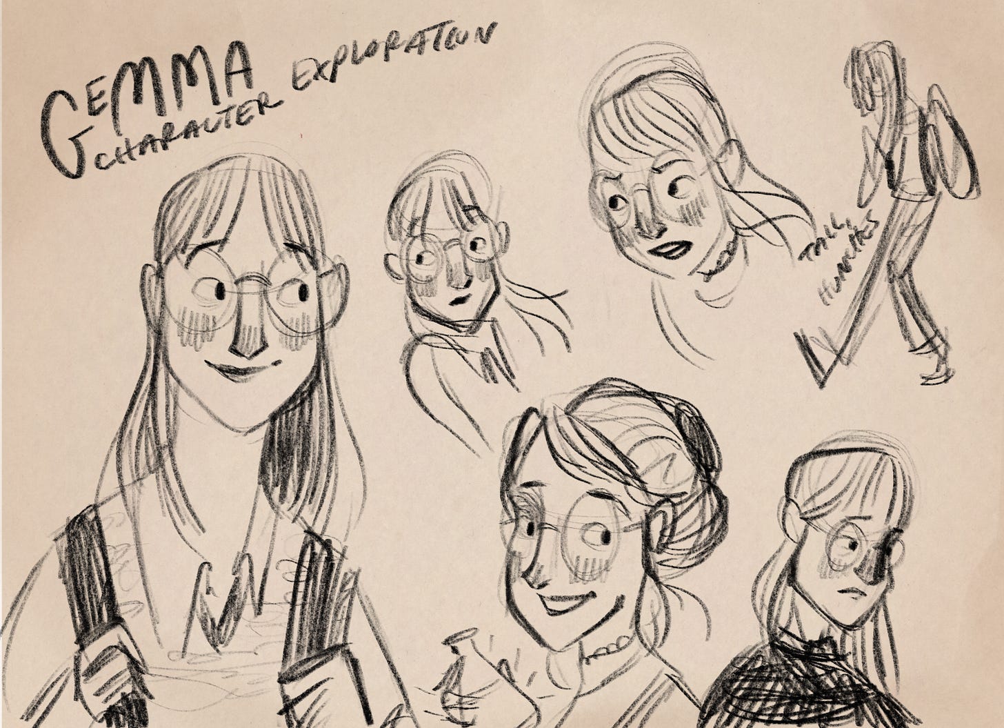 Gracie's character design sketches of Gemma, showing multiple expressions and poses