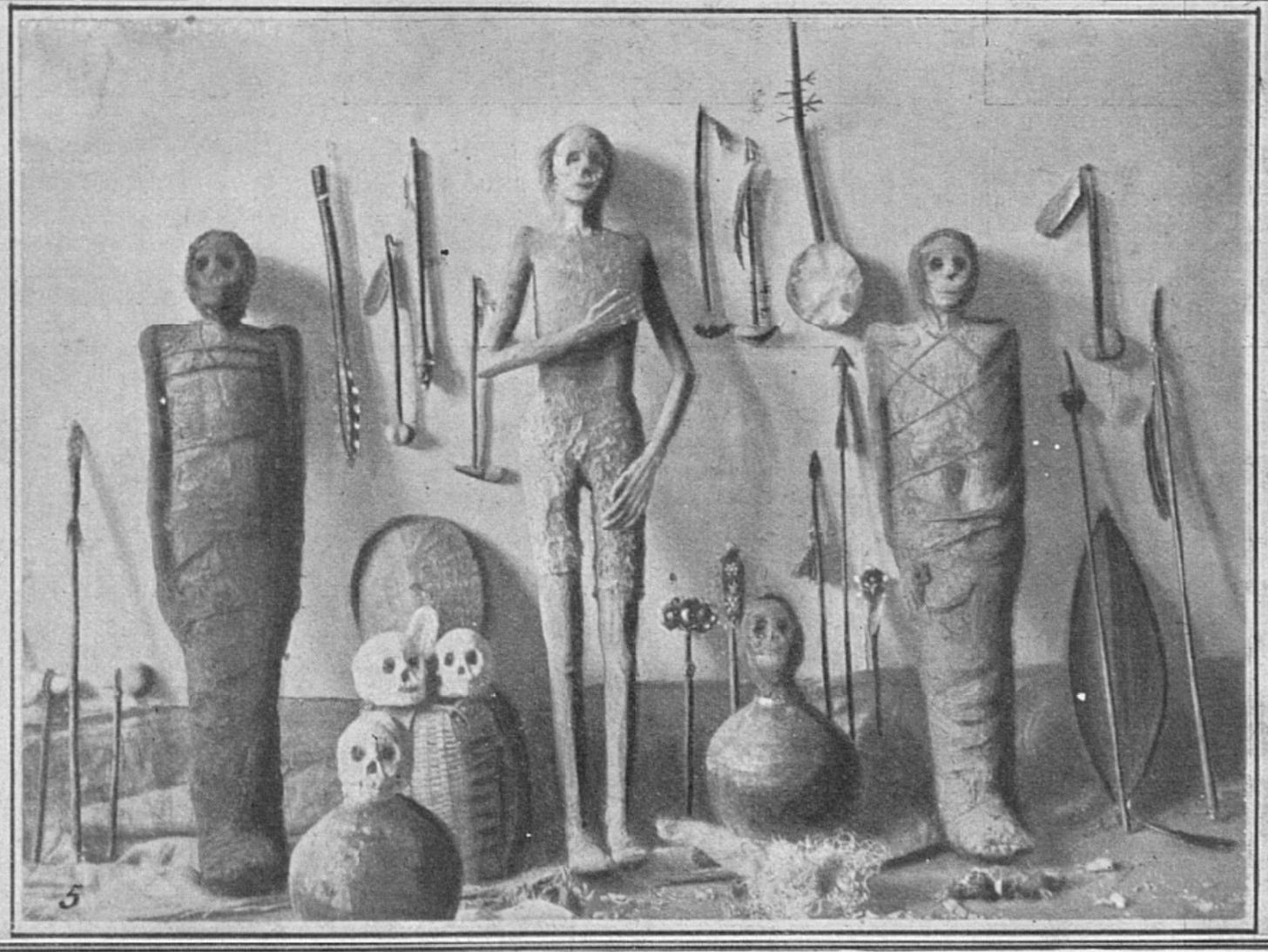 Numerous mummies, skulls, weapons and other antiquities are displayed upright against a wall.