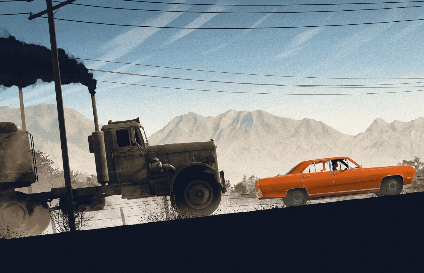 digital art showing the little orange-red Plymouth Valient in the movie Duel being pursued up an incline by a rusty old Peterbilt tractor-trailer rig, thick black smoke pouring from the diesel's exhaust. Unlike any of the shots in the movie, the image is deliberately tilted a few degrees off center to emphasize the menace in the scene. 