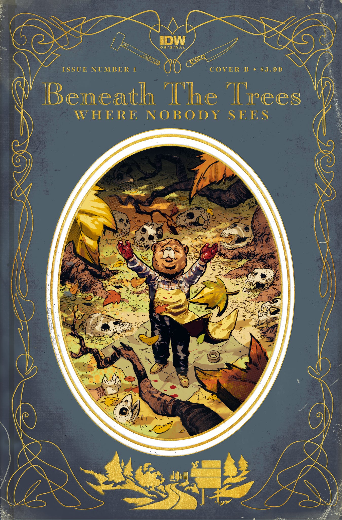 Variant cover art for issue 1 of Beneath the Trees Where Nobody Sees. It looks like a grimy storybook cover and in the center it depicts the main character Samantha raising her blood-covered arms in ecstasy as we look down upon her standing in the woods surrounded by the skeletons of her victims.