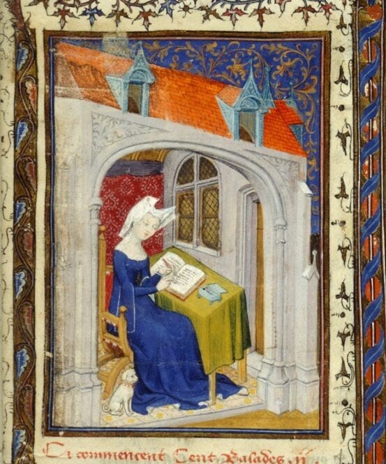 Illuminated manuscript showing a female scribe in her study surrounded by Gothic architecture. 