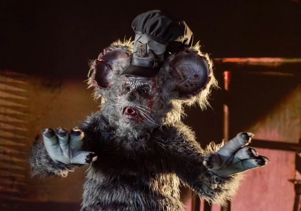 A still from the movie Screamboat shows the actor David Howard Thornton in a costume that's a grubby riff on the appearance of Mickey Mouse in the 1928 cartoon Steamboat Willie. A still from the movie Screamboat shows the actor David Howard Thornton in a costume that's a grubby riff on the appearance of Mickey Mouse in the 1928 cartoon Steamboat Willie.
