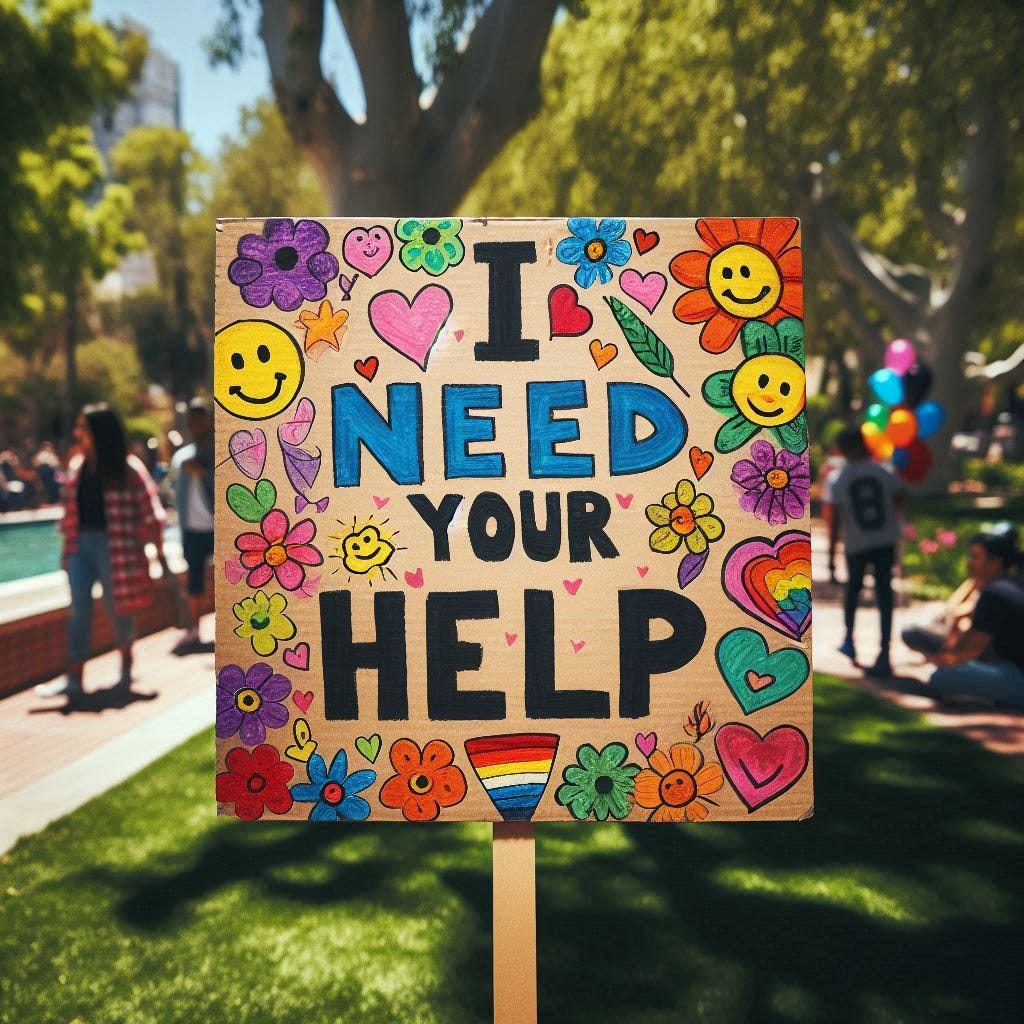 A picture of a colourful sign which reads 'I need your help'