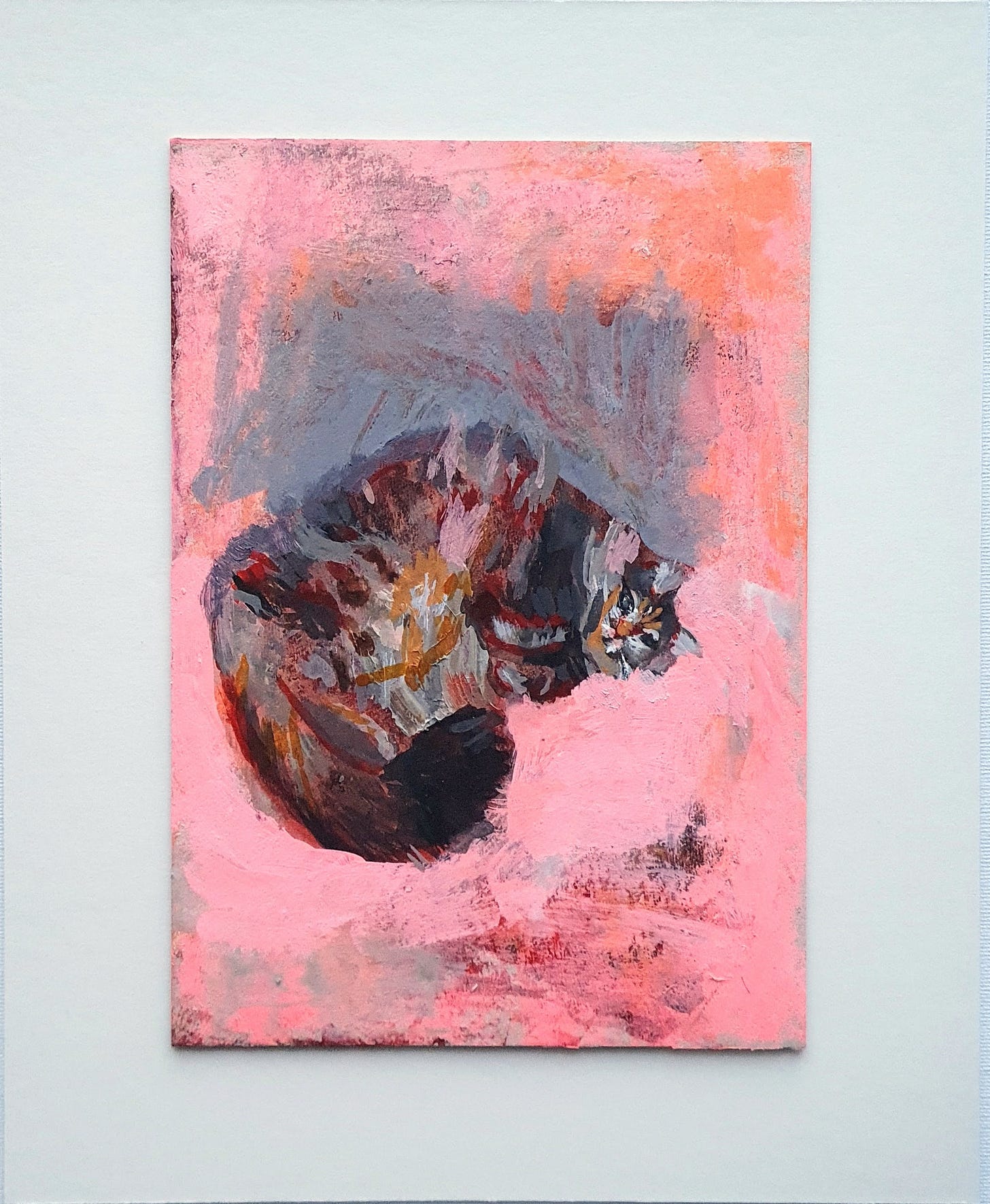 contemporary painting of a long haired tabby cat lying on its side on a pink floor. 