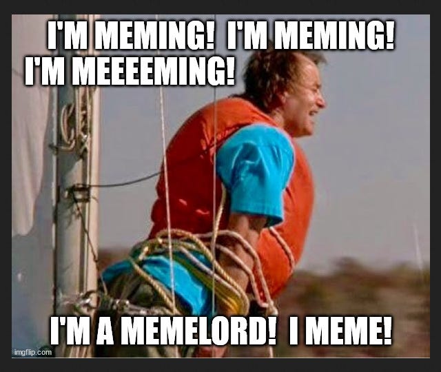Image of Bob Wiley from the movie 'What About Bob?' tied to the mast of a sailboat, exclaiming "I'm meming!  I'm meming" I'm meeeeming!  I'm a memelord!  I meme!"