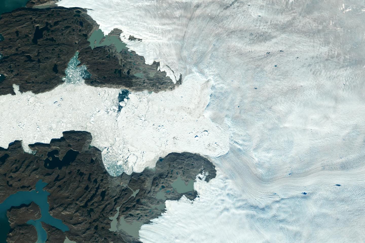 Satellite image showing ice loss at Jacobshavn Glacier in Greenland