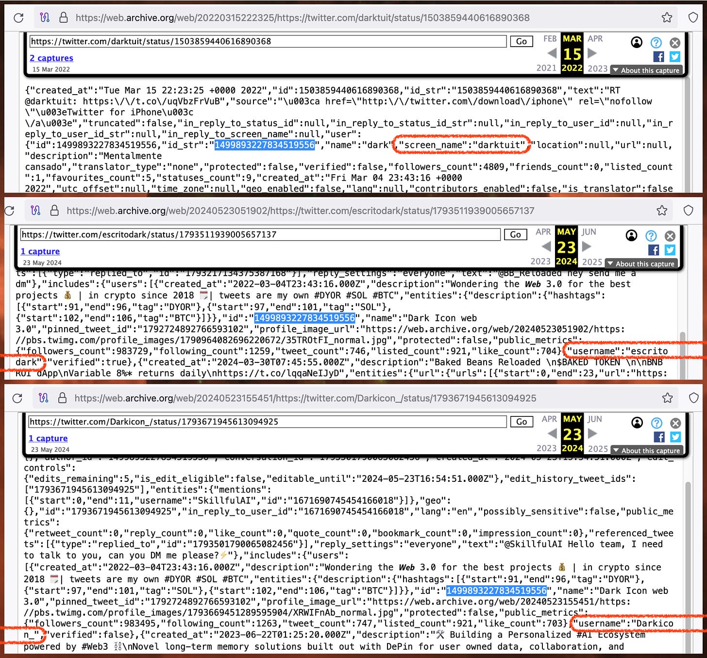 screenshots of Wayback Machine JSON archives of the account with permanent ID 1499893227834519556, taken when it had three different names: @darktuit, @escritodark, and @darkicon_