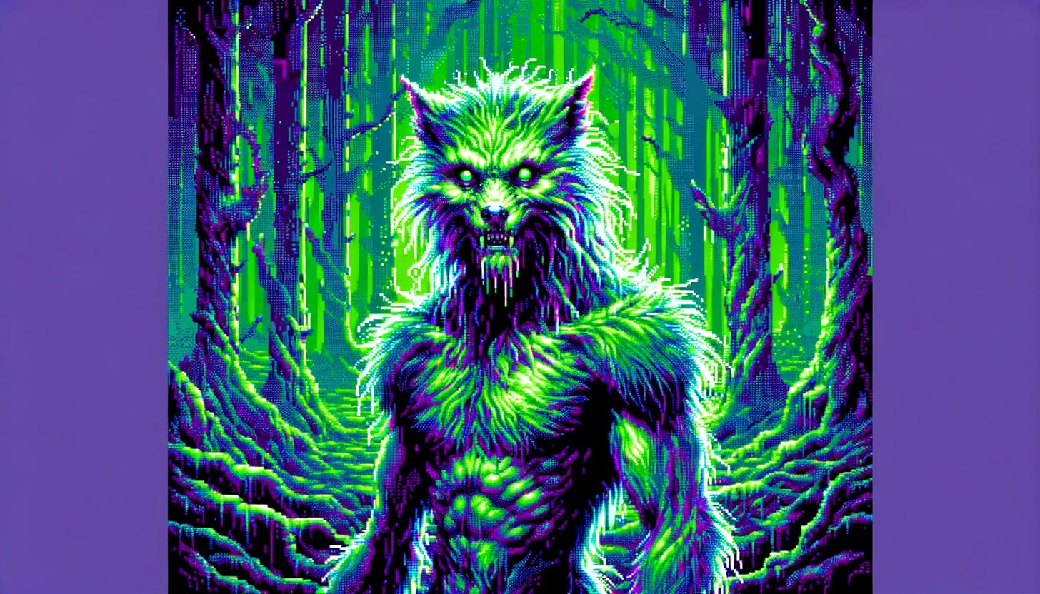 A 16-bit graphic with slightly lower quality, depicting a less wolfish semi-human were-creature in a morphological glitch. The creature has more humanoid features, less fur, and a more distorted, eerie appearance. The color scheme is dominated by violent neon green, creating a stark contrast with the dark, mystical primeval forest backdrop. The forest has an otherworldly feel with twisted trees and faint, ghostly light, enhancing the surreal and unsettling atmosphere around the creature.