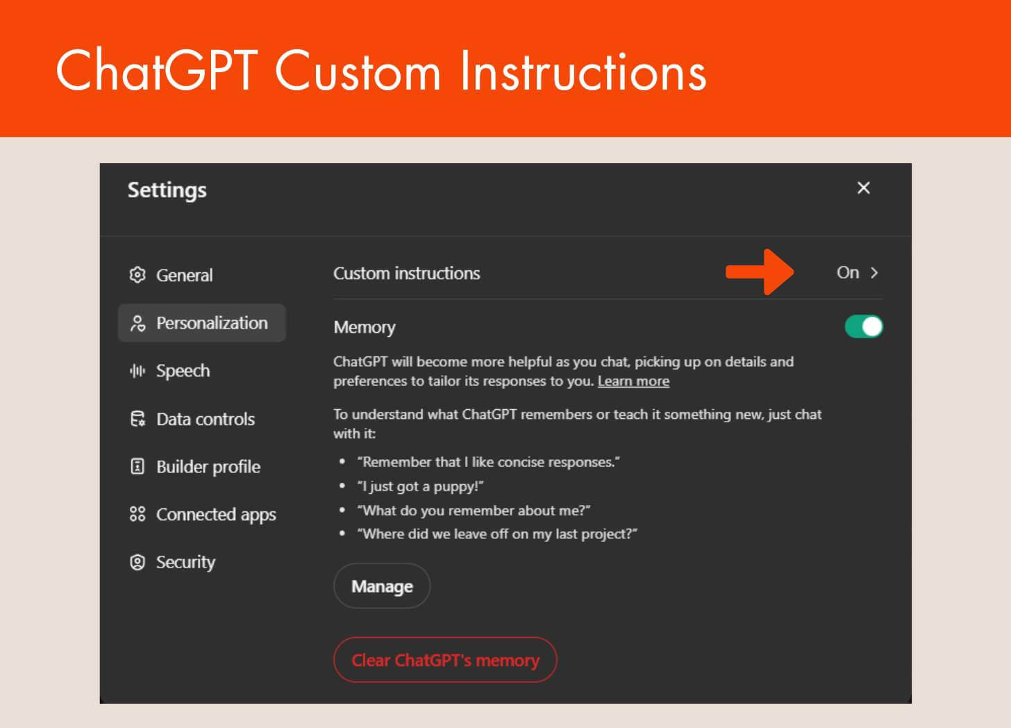 Screenshot of ChatGPT's settings page showing the 'Custom Instructions' option turned on under the 'Personalization' menu. An arrow points to the toggle switch for enabling the feature.