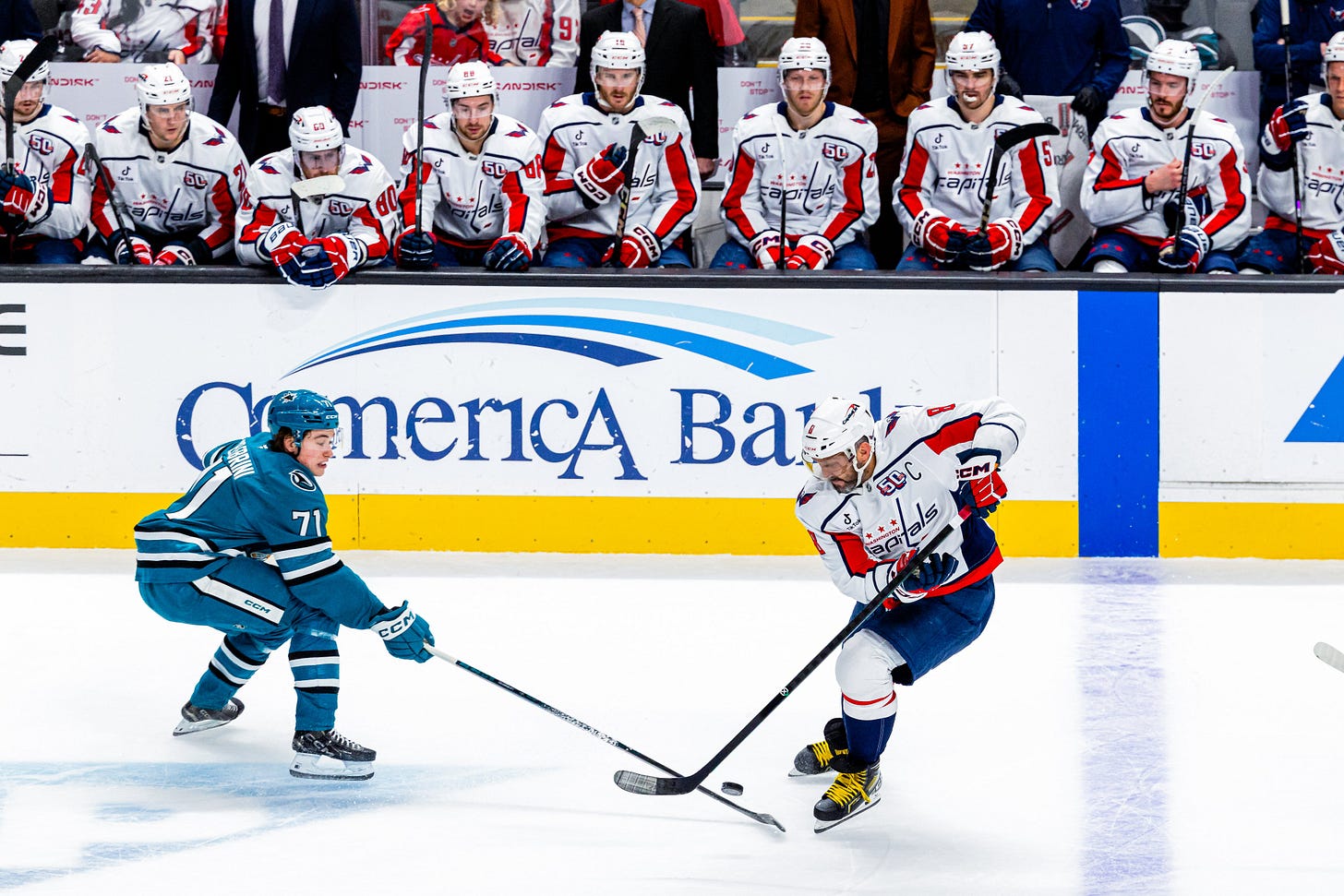 Alex Ovechkin skates the puck through the neutral zone. 