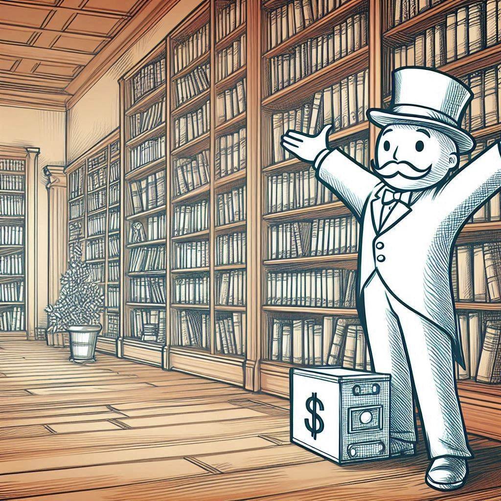 a monopoly man in a library, drawing style