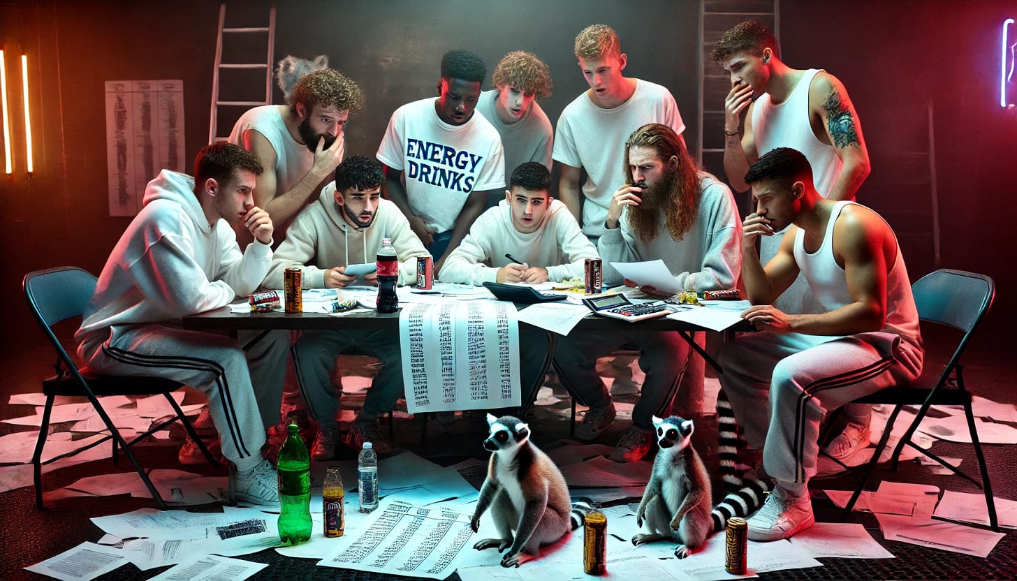 A group of young people in sweats and t-shirts sitting around a cluttered table, attempting to audit a very complex budget. The group is smaller, with fewer people, but still looking confused and frustrated as they make errors in their calculations. Some are drinking energy drinks, others are eating power bars, and a few are distracted playing computer games on their screens. Lemurs are hopping around the table, adding to the chaos. The setting is a dimly lit room with neon lighting, creating a humorous and absurd atmosphere.