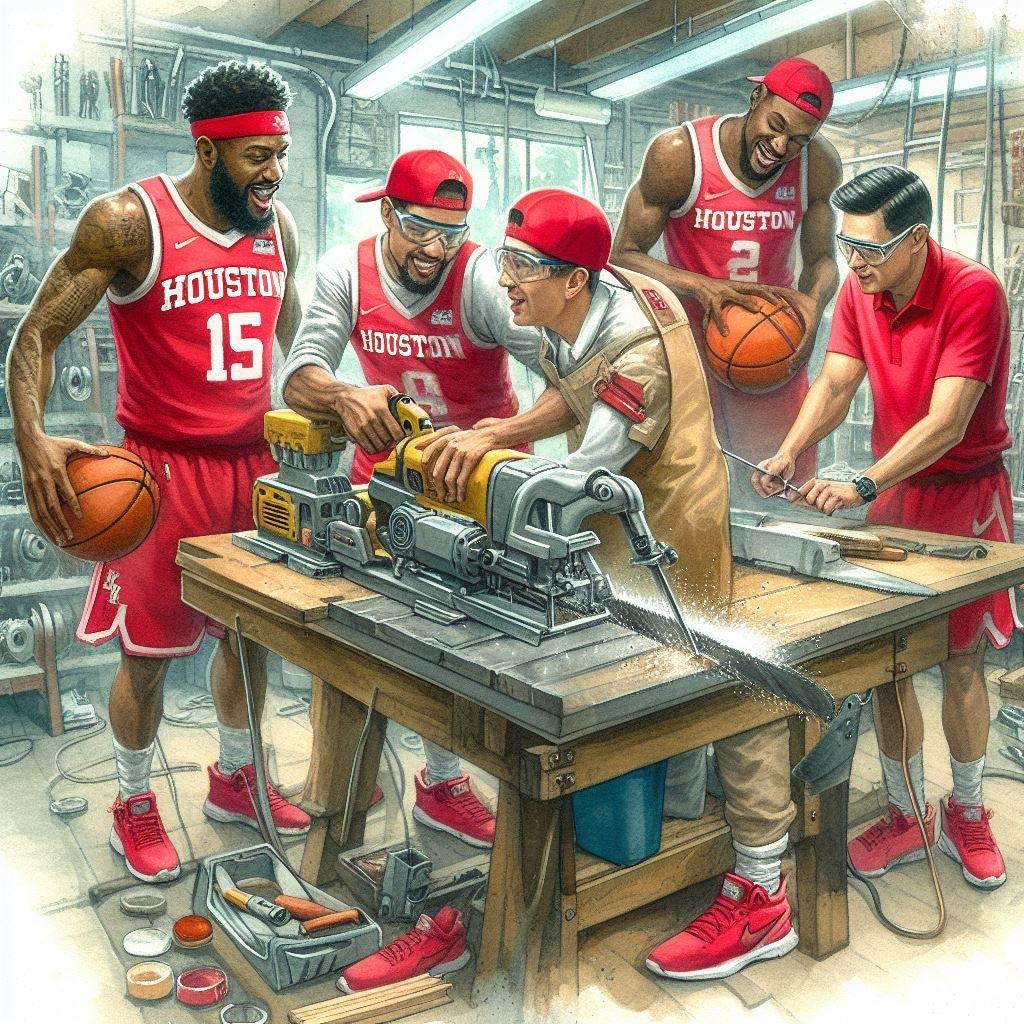 The Houston Cougars basketball team operating a buzzsaw in a shop, watercolor
