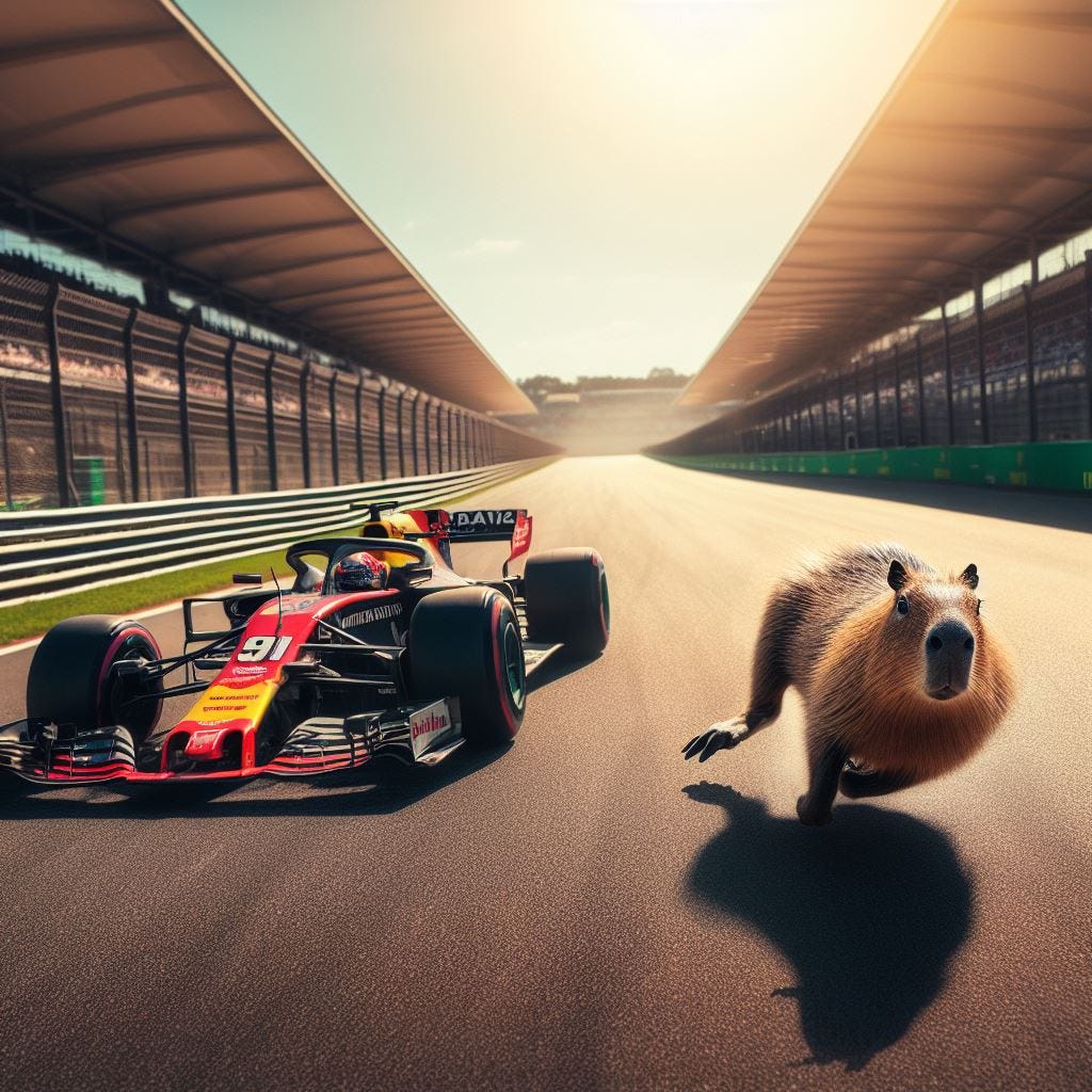 At Interlagos, a Formula 1 car is speeding down a straightaway, going wheel to wheel with a native capybara running really, really fast. Sunny day, dramatic sports photography edited editing. 