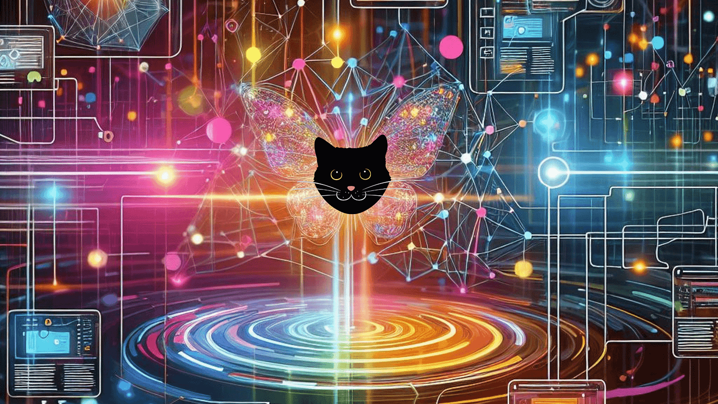 Image of cat face inside a matrix-like environment